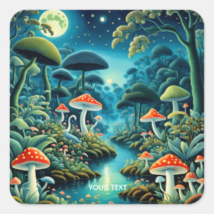 Pegatina Cuadrada Fantasy Cute Mushrooms Forest Moon