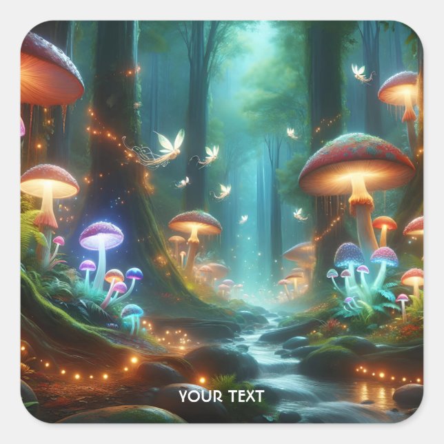 Pegatina Cuadrada Fantasy Cute Mushrooms Forest Night (Anverso)