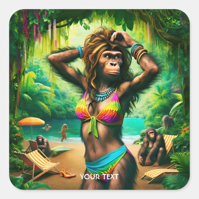 Pegatina Cuadrada Fantasy Cute Neandertal Lady Model (Anverso)