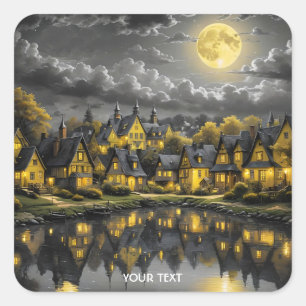 Pegatina Cuadrada Fantasy Cute Night Lake Moon