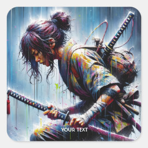 Pegatina Cuadrada Fantasy Cute Ninja Katana