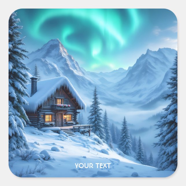 Pegatina Cuadrada Fantasy Cute North Winter Cabin (Anverso)