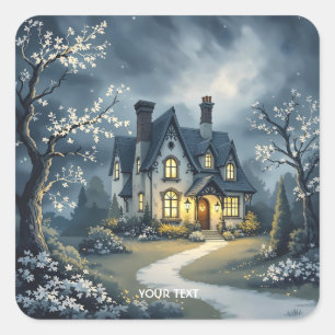 Pegatina Cuadrada Fantasy Cute Old House Night