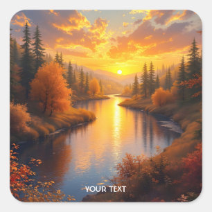 Pegatina Cuadrada Fantasy Cute Otoño Paisaje del Amanecer del Otoño
