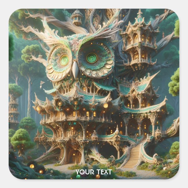 Pegatina Cuadrada Fantasy Cute Owen Tree House (Anverso)