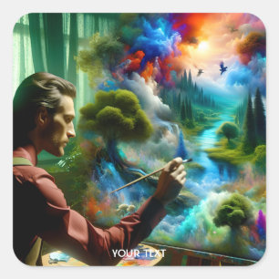 Pegatina Cuadrada Fantasy Cute Painter Paisaje Verano