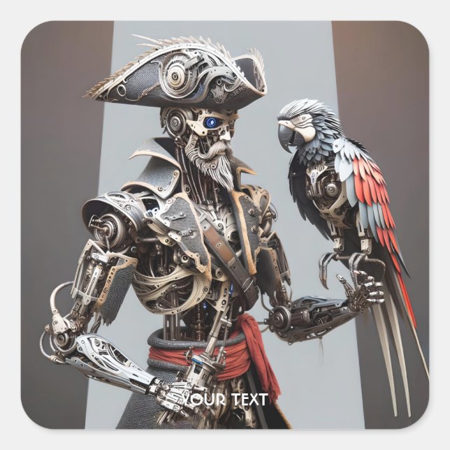 Pegatina Cuadrada Fantasy Cute Parrot Cyborg Pirate (Anverso)