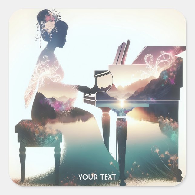 Pegatina Cuadrada Fantasy Cute Pastel Piano Chica (Anverso)
