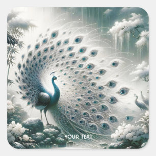 Pegatina Cuadrada Fantasy Cute Peacock Rain Tree