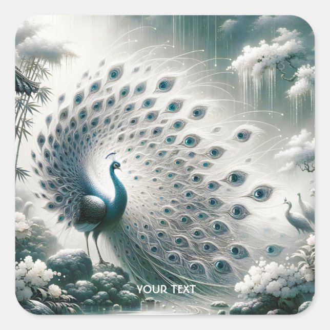 Pegatina Cuadrada Fantasy Cute Peacock Rain Tree (Anverso)