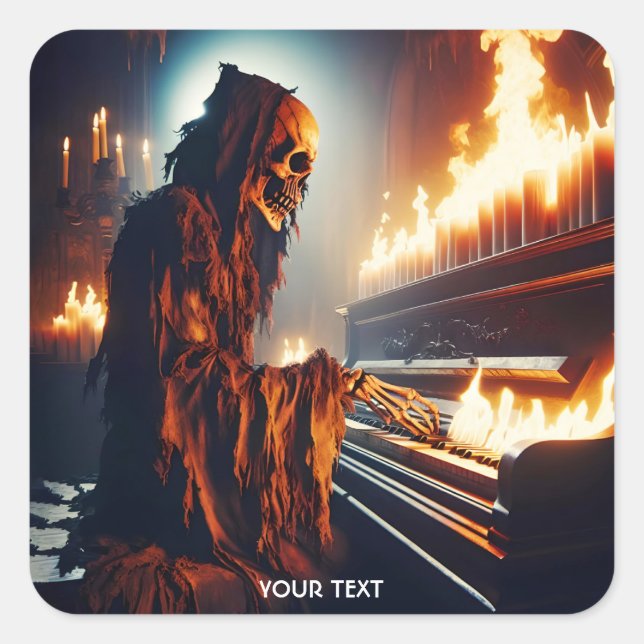 Pegatina Cuadrada Fantasy Cute Piano Player Fire (Anverso)