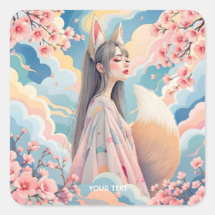 Pegatina Cuadrada Fantasy Cute Pink Fox Lady