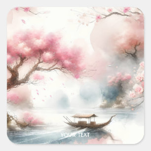 Pegatina Cuadrada Fantasy Cute Pink Lake Bote