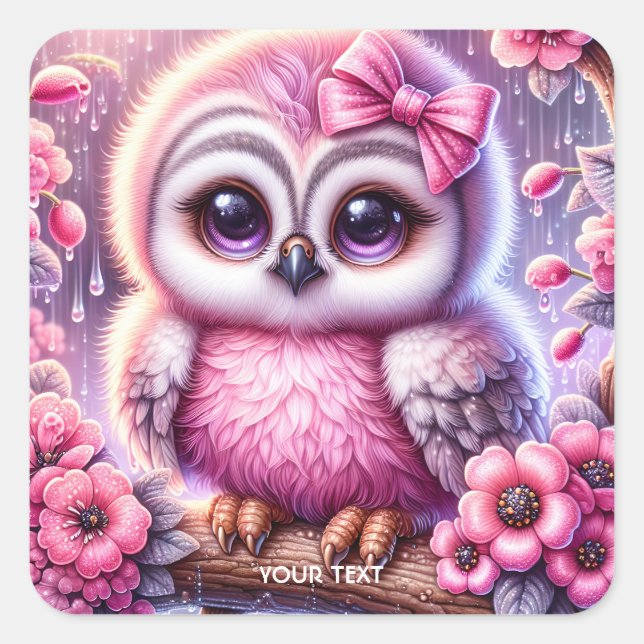 Pegatina Cuadrada Fantasy Cute Pink Owl Sakura (Anverso)