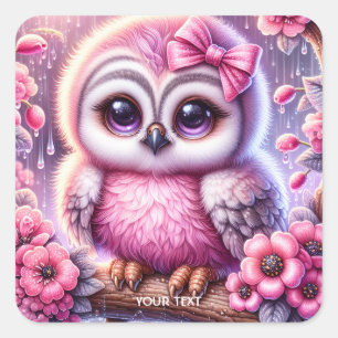 Pegatina Cuadrada Fantasy Cute Pink Owl Sakura