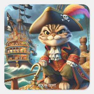 Pegatina Cuadrada Fantasy Cute Pirate Cat Ship