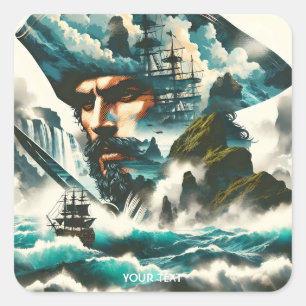 Pegatina Cuadrada Fantasy Cute Pirate Ship Ocean