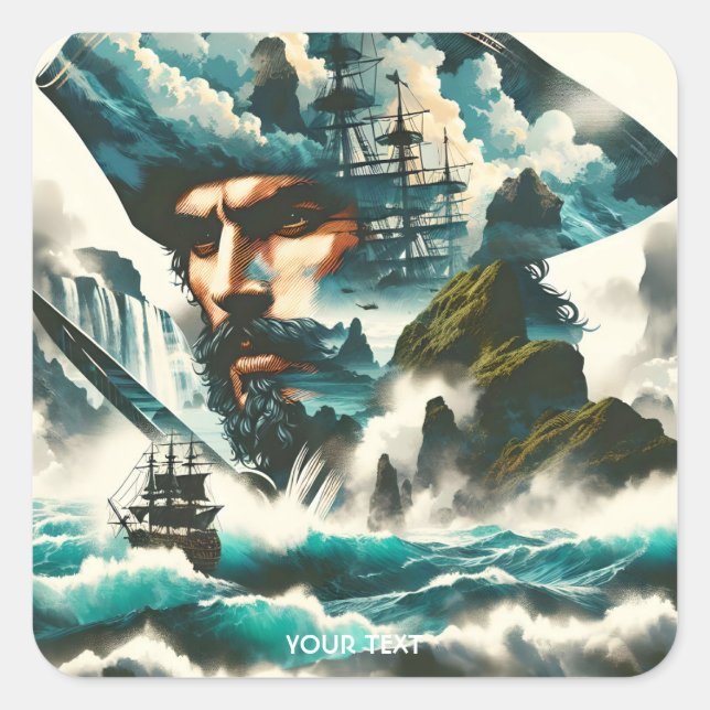 Pegatina Cuadrada Fantasy Cute Pirate Ship Ocean (Anverso)