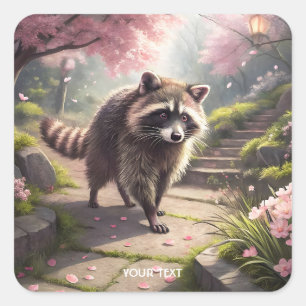 Pegatina Cuadrada Fantasy Cute Racoon Sakura Garden