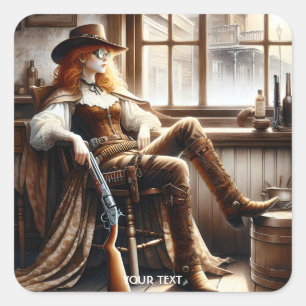 Pegatina Cuadrada Fantasy Cute Red Hair Cowgirl