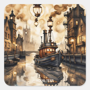 Pegatina Cuadrada Fantasy Cute River Boat Bridge
