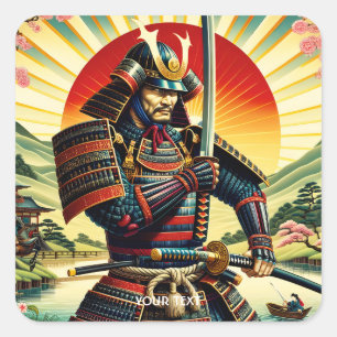 Pegatina Cuadrada Fantasy Cute Samurai Guerrero Katana