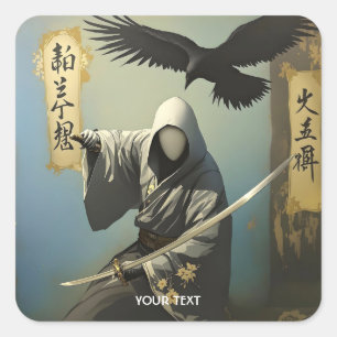 Pegatina Cuadrada Fantasy Cute Samurai Katana Mask