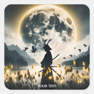 Pegatina Cuadrada Fantasy Cute Samurai Reeds Moon