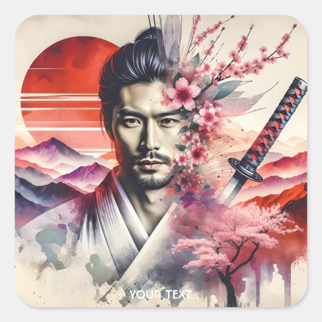 Pegatina Cuadrada Fantasy Cute Samurai Sun Katana (Anverso)