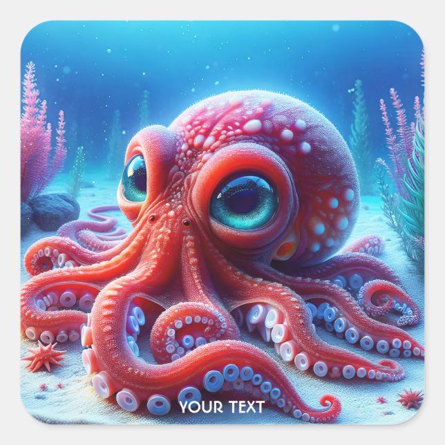 Pegatina Cuadrada Fantasy Cute Sea Octopus Rojo (Anverso)