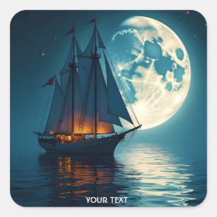Pegatina Cuadrada Fantasy Cute Ship Night Moon
