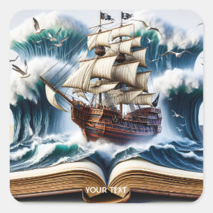 Pegatina Cuadrada Fantasy Cute Ship Ocean Book