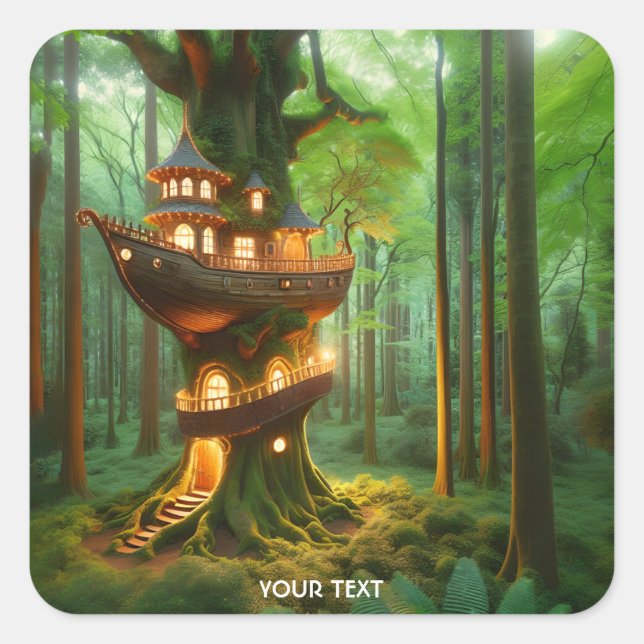 Pegatina Cuadrada Fantasy Cute Ship Tree Forest (Anverso)