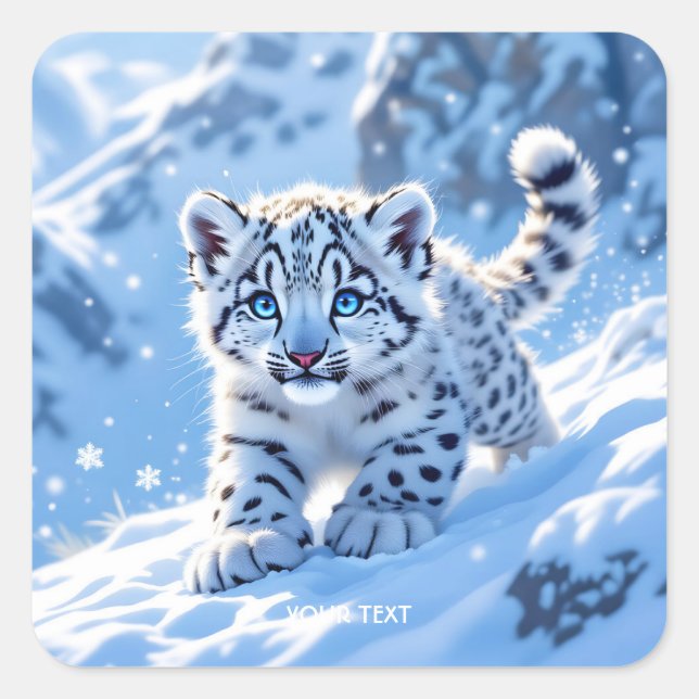 Pegatina Cuadrada Fantasy Cute Snow Baby Leopard (Anverso)