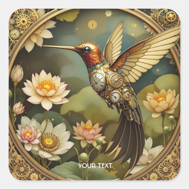 Pegatina Cuadrada Fantasy Cute Steampunk Bird Clock (Anverso)