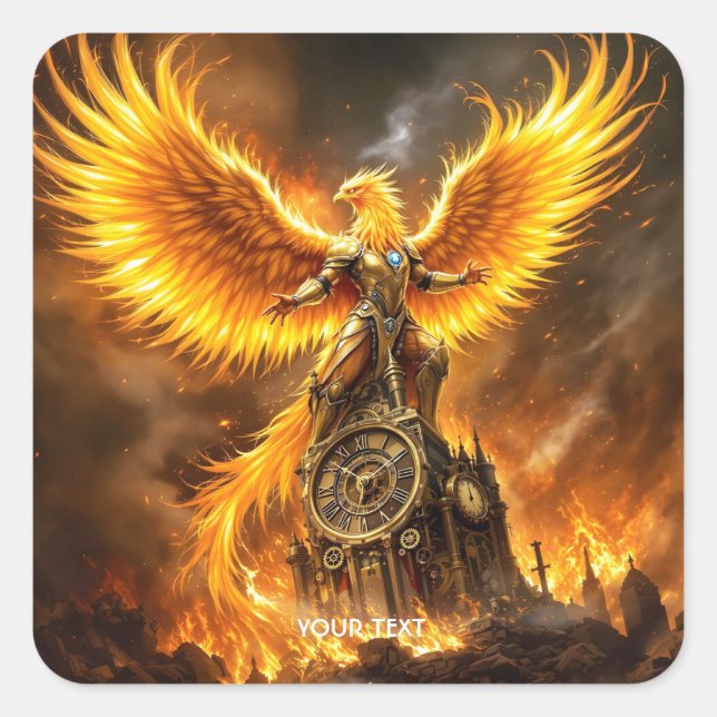 Pegatina Cuadrada Fantasy Cute Steampunk Flames Phoenix (Anverso)