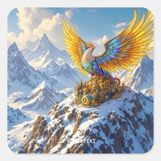 Pegatina Cuadrada Fantasy Cute Steampunk Mountains Phoenix (Anverso)