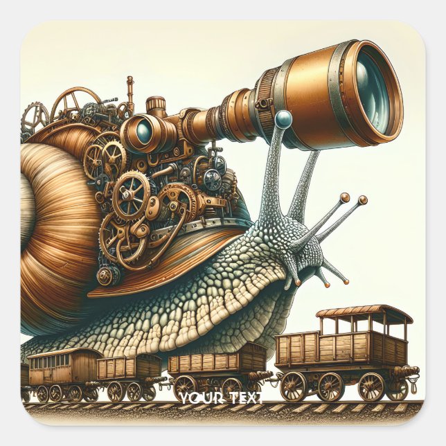 Pegatina Cuadrada Fantasy Cute Steampunk Snail Train (Anverso)