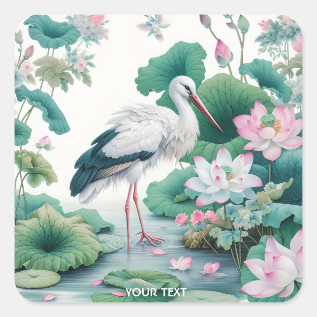 Pegatina Cuadrada Fantasy Cute Stork Flowk Lake (Anverso)