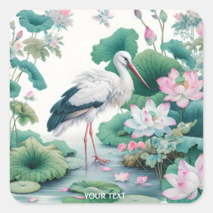 Pegatina Cuadrada Fantasy Cute Stork Flowk Lake