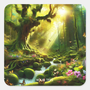 Pegatina Cuadrada Fantasy Cute Sun Trees Forest