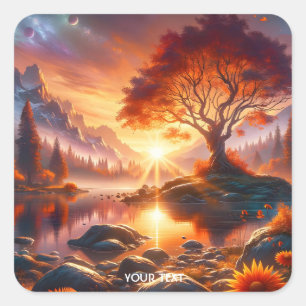 Pegatina Cuadrada Fantasy Cute Sunset Naranja Tree