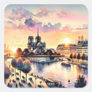Pegatina Cuadrada Fantasy Cute Sunset Paris Watercolor
