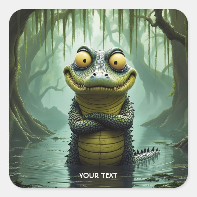 Pegatina Cuadrada Fantasy Cute Swamp Forest Crocodile (Anverso)