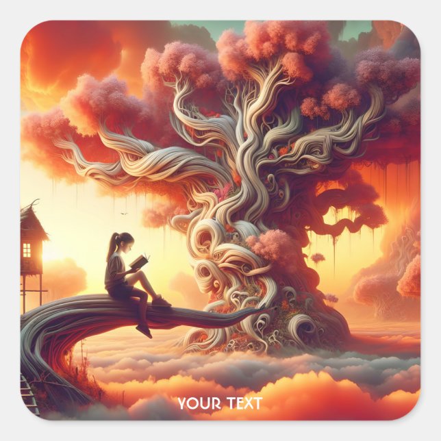 Pegatina Cuadrada Fantasy Cute Tree Chica Book (Anverso)
