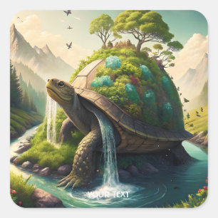 Pegatina Cuadrada Fantasy Cute Turte Waterfall Forest