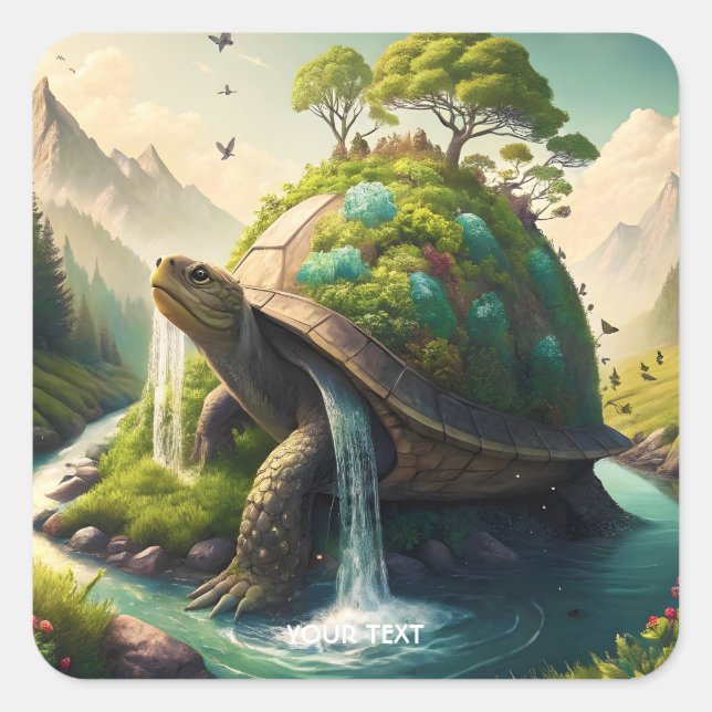 Pegatina Cuadrada Fantasy Cute Turte Waterfall Forest (Anverso)