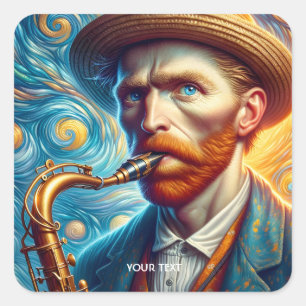 Pegatina Cuadrada Fantasy Cute Van Gogh Saxofón