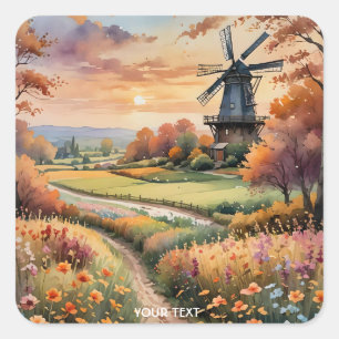 Pegatina Cuadrada Fantasy Cute Windmill Flowers Field