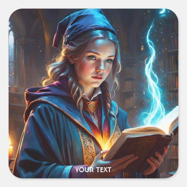 Pegatina Cuadrada Fantasy Cute Wizard Chica Book (Anverso)